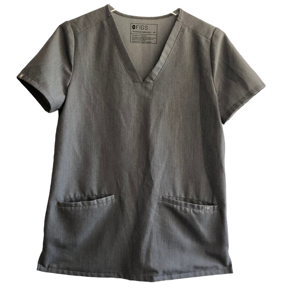 Figs Technical Collection Top Women XS Gray V Neck Short Sleeve Pockets